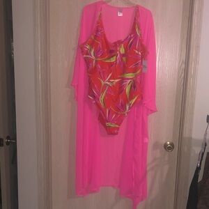 Old Navy Pink and Red Tropical One-Piece Swimsuit with Cover-Up